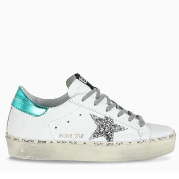 Golden Goose Hi-Star Silver Glitter Star & Green Back
